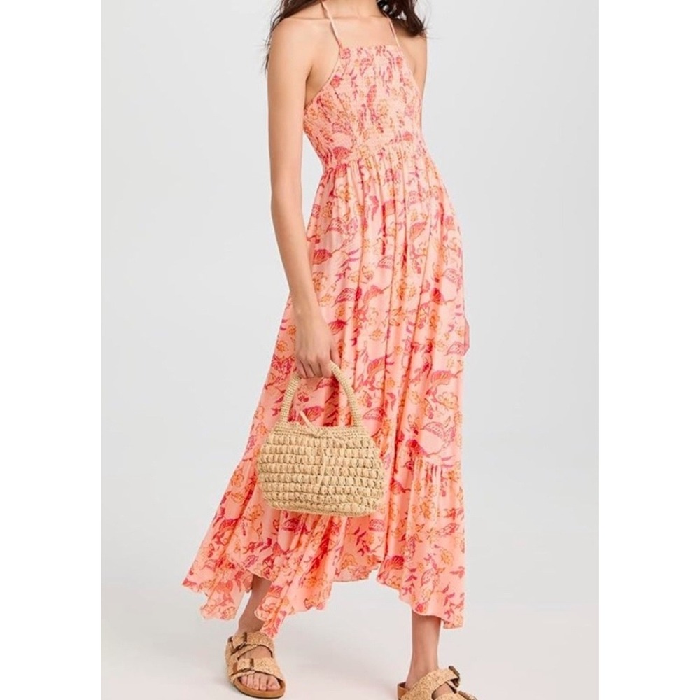 Free People‎ Dusk Coral Combo Smocked Maxi Dress Floral Print Halter Style Large